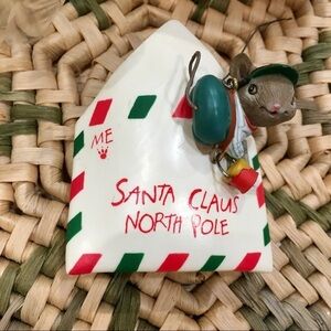 Vintage ENESCO Christmas ornament. Anthropomorphic mouse on a letter to Santa